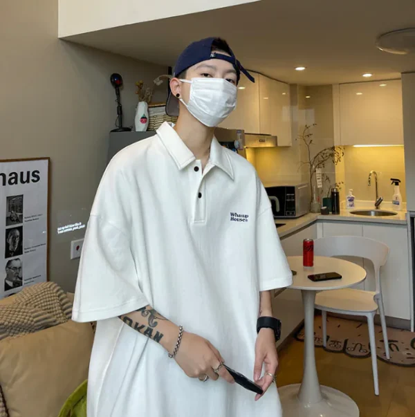 美式 英文刺繡 後背字母印花 鈕扣Polo衫 寬鬆五分袖 T恤 潮流上衣